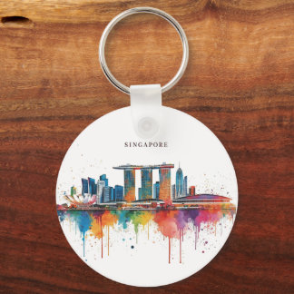 Singapore city retro watercolor Skyline Key Ring