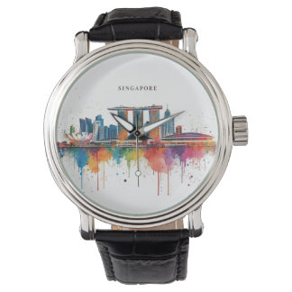 Singapore city retro watercolor Skyline Watch