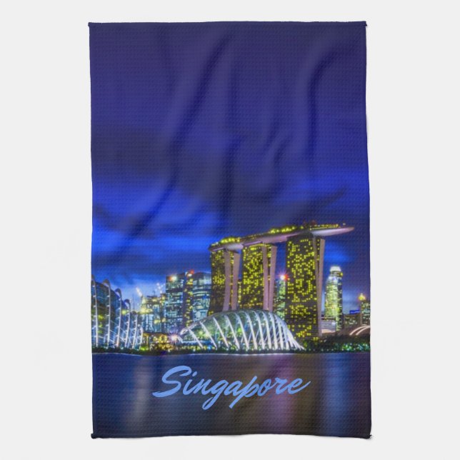 Singapore City Skyline At Night Tea Towel (Vertical)