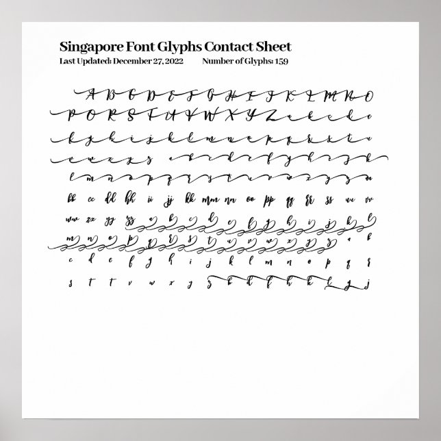 Singapore Font Glyphs Contact Sheet Poster (Front)