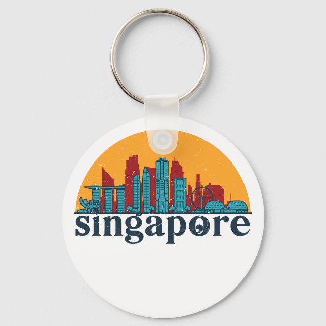 Singapore Retro City Skyline Cityscape Art Key Ring (Front)