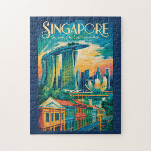 Singapore Skyline Illustration Travel Art Vintage Jigsaw Puzzle