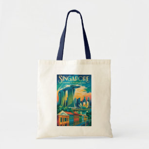 Singapore Skyline Illustration Travel Art Vintage Tote Bag