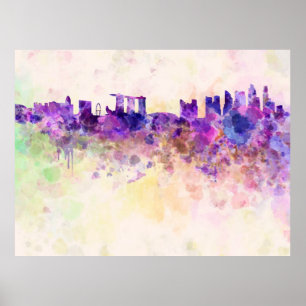 Singapore skyline in watercolor background poster