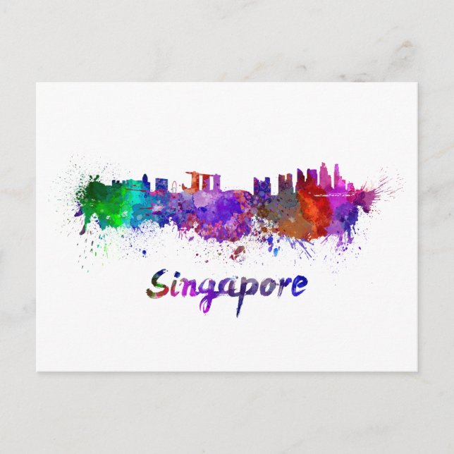 Singapore skyline in watercolor postcard (Front)