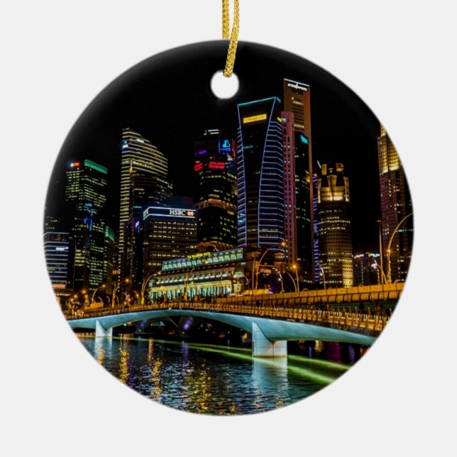 Singapore Skyline, Night Lights Ceramic Tree Decoration (Front)