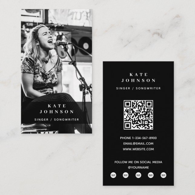Singer Musician Photo Black & White Modern Business Card (Front/Back)