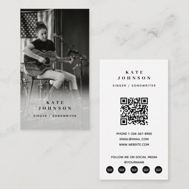 Singer Musician Photo Black & White QR Code Business Card (Front/Back)