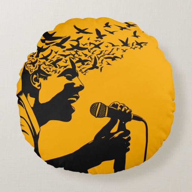 Singer Silhouette with Birds Round Cushion (Front)