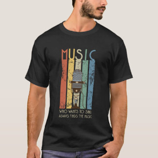 Singers Microphone Retro Stripes Black T-Shirt