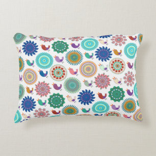 Singing Bird and Mandala Cute Folk Art Pattern Decorative Cushion