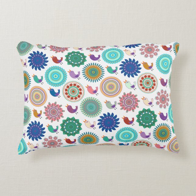 Singing Bird and Mandala Cute Folk Art Pattern Decorative Cushion (Front)
