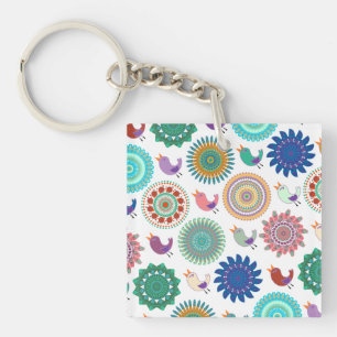 Singing Bird and Mandala Cute Folk Art Pattern Key Ring