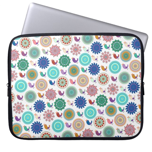 Singing Bird and Mandala Cute Folk Art Pattern Laptop Sleeve (Front)