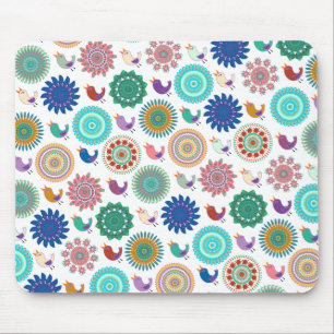 Singing Bird and Mandala Cute Folk Art Pattern Mouse Mat