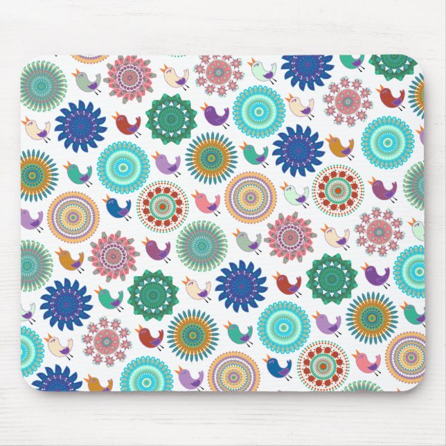 Singing Bird and Mandala Cute Folk Art Pattern Mouse Mat (Front)