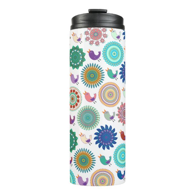 Singing Bird and Mandala Cute Folk Art Pattern Thermal Tumbler (Front)