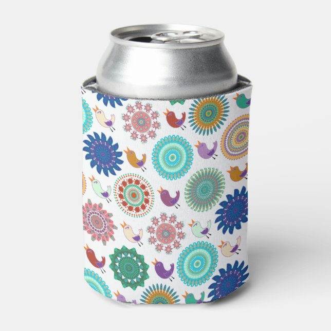 Singing Bird and Mandala Folk Art Pattern Can Cooler (Can Front)