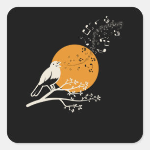 Singing Bird Musical Notes Moon Square Sticker