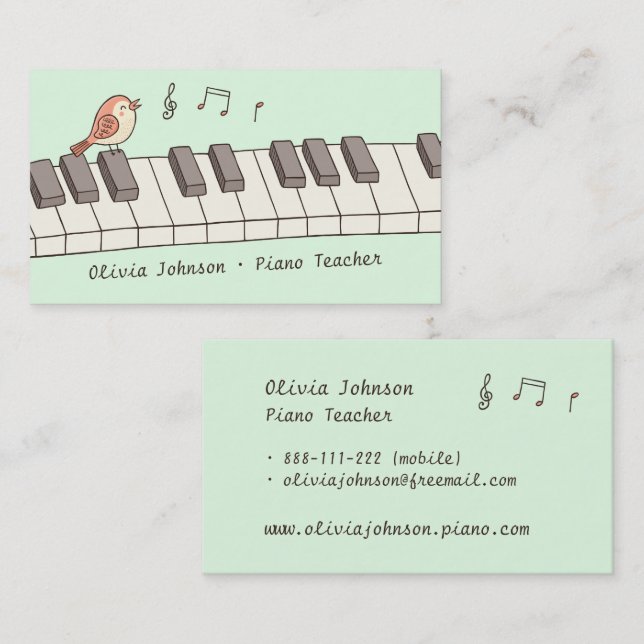 Singing Bird on Keyboard Music Piano Teacher Business Card (Front/Back)