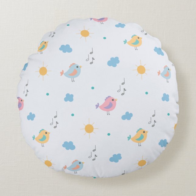 Singing Birds & Musical Notes Pattern Round Cushion (Front)