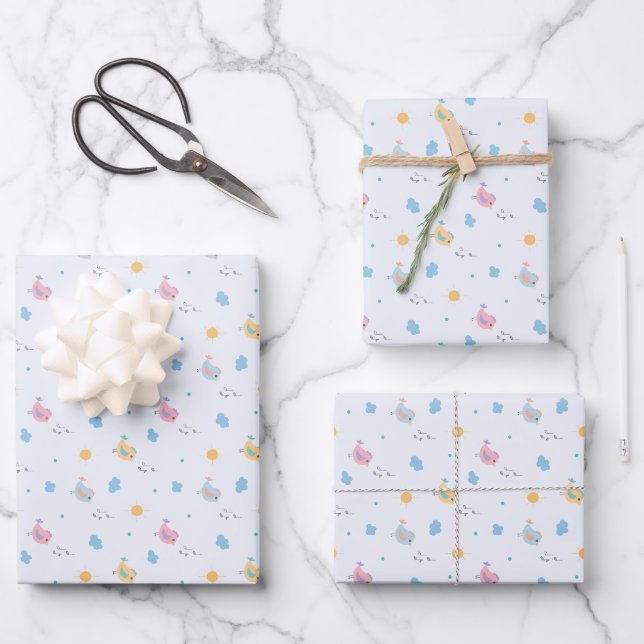 Singing Birds & Musical Notes Pattern Wrapping Paper Sheet (Front)