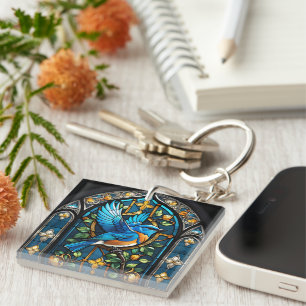 Singing Bluebird: Stained Glass Serenade Key Ring
