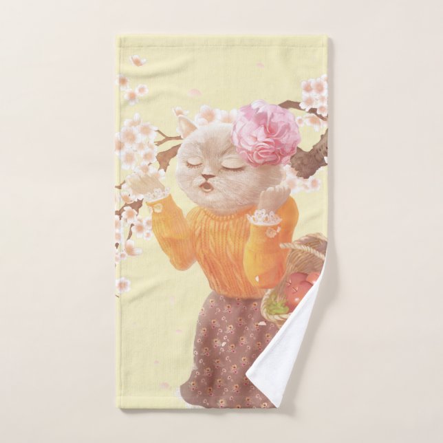 Singing Cat with Flower Basket Hand Towel (Hand Towel)