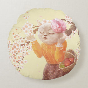 Singing Cat with Flower Basket Round Cushion