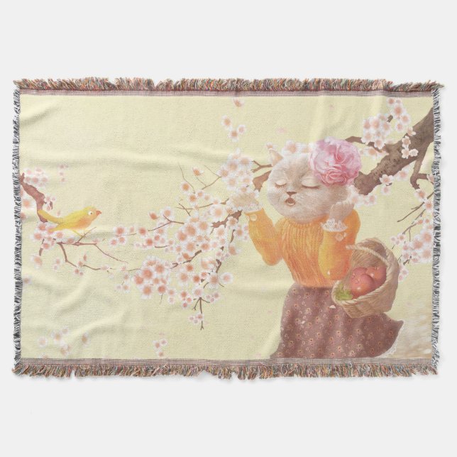 Singing Cat with Flower Basket Throw Blanket (Front)