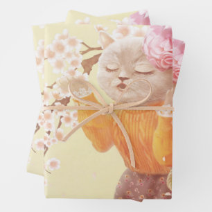 Singing Cat with Flower Basket Wrapping Paper Sheet