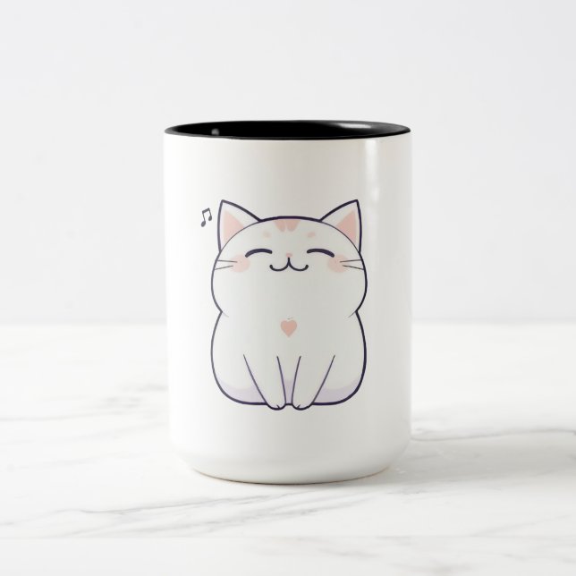 Singing Cat with Music Note Kawaii Design Two-Tone Coffee Mug (Center)
