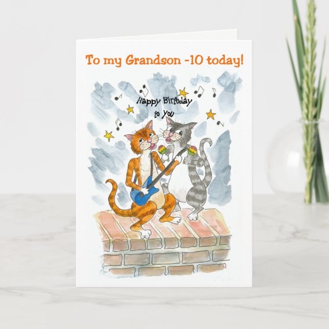 Singing Cats 10th Fun Birthday Card for a Grandson (Front)
