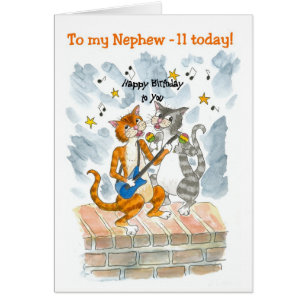 Singing Cats 11th Fun Birthday Card for a Nephew