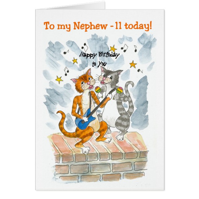 Singing Cats 11th Fun Birthday Card for a Nephew (Front)