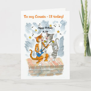 Singing Cats 13th Fun Birthday Card for a Cousin