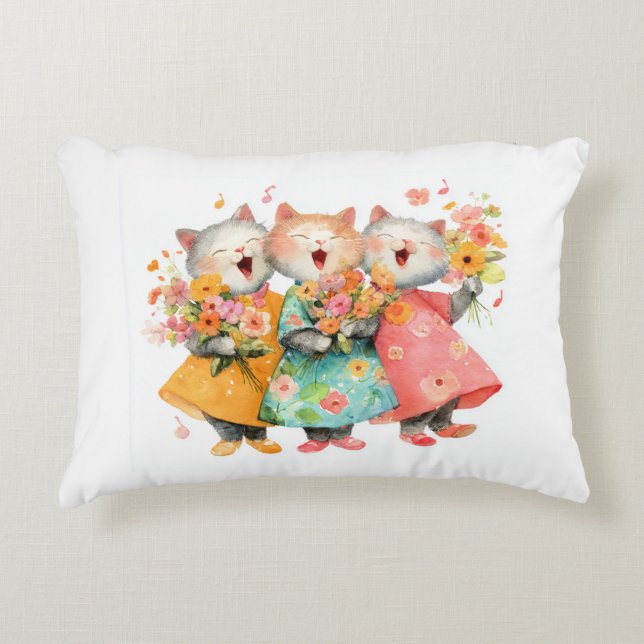 Singing Cats Holding Bouquets Decorative Cushion (Front)