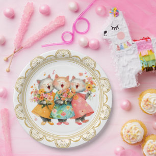 Singing Cats Holding Bouquets Paper Plate