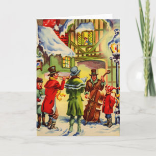 Singing Christmas Carols on a Snowy Evening Holiday Card