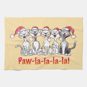 Singing Christmas Cats with Santa Hats Tea Towel