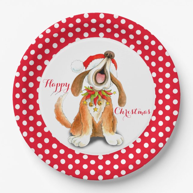 Singing dog Happy Christmas party paper plate (Front)