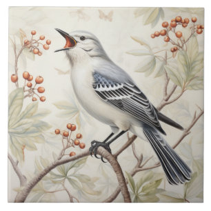Singing Grey Bird on Berry Branches Tile