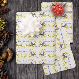 Singing Happy Birthday Blue Red Bird Flowers Wrapping Paper Sheet