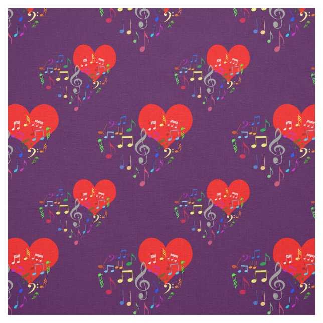 Singing Heart Pattern. Colourful Notes On Violet Fabric (Swatch)