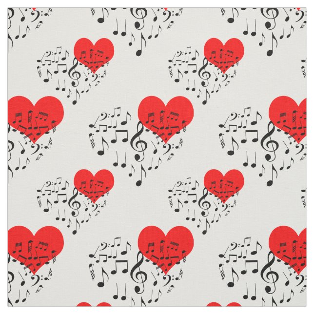 Singing Heart Pattern. Red Hearts, Black Notes Fabric (Swatch)