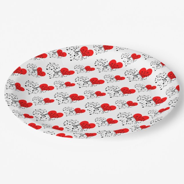 Singing Heart Pattern. Red Hearts, Black Notes Pap Paper Plate (Angled)