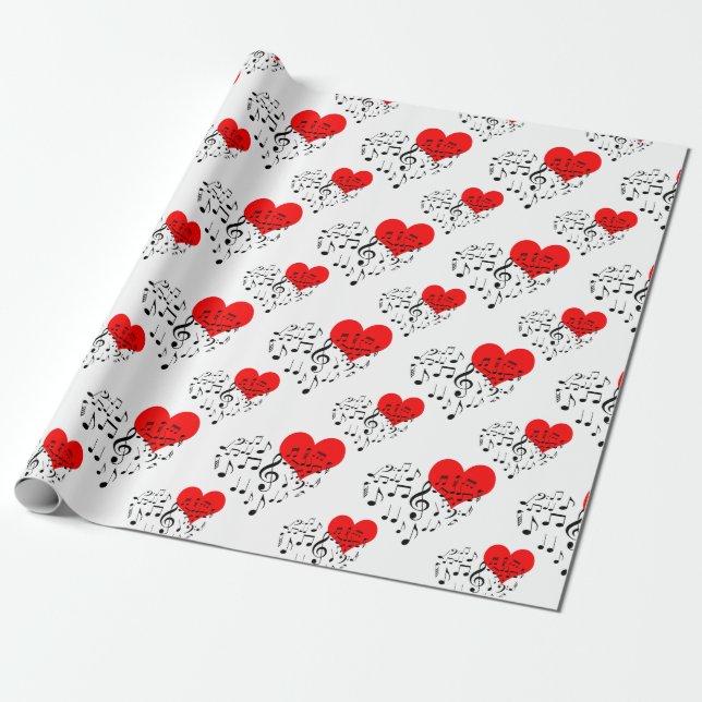 Singing Heart Pattern. Red Hearts, Black Notes Wrapping Paper (Unrolled)