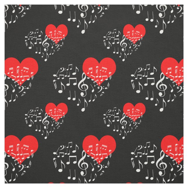 Singing Heart Pattern. Red Hearts, White Notes Fabric (Swatch)
