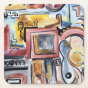 Singing In The Kitchen-Abstract Watercolor Art Square Paper Coaster