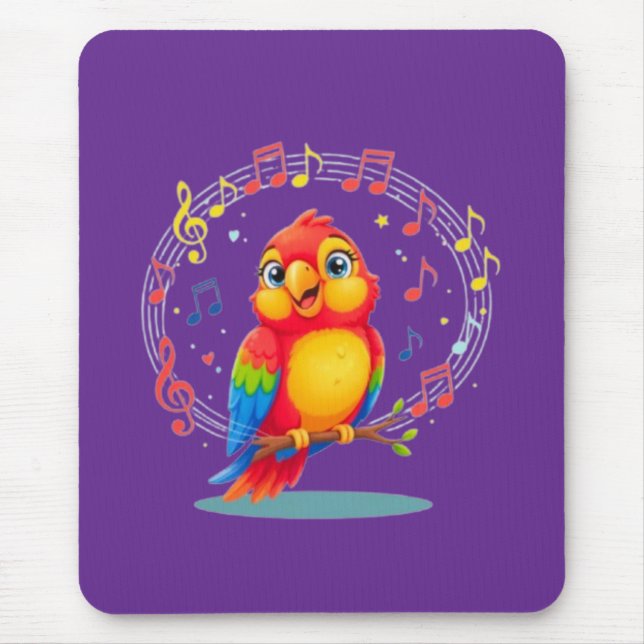 **Singing Parrot – Cute Parrot Singing Illustratio Mouse Mat (Front)